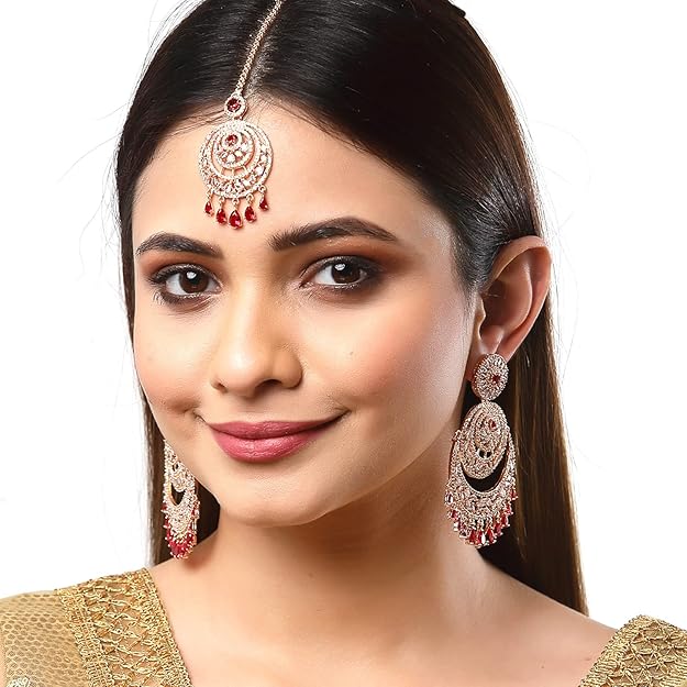 American Diamond Jewelry Set in Rose Gold Plated American Diamond Studded Maang Tikka & Earrings for Women and Girls