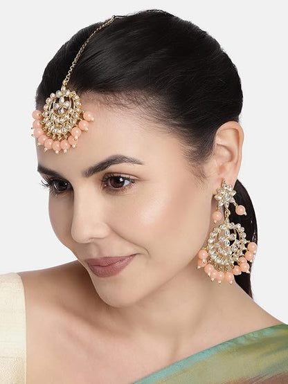 Bridal Mang Tika in Gold Plated Pearl and Kundan Studded Earring Set