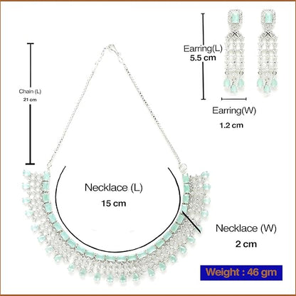 Jewelry set with necklace and earrings, including measurements and brand name 'Desi Dazzling'.
