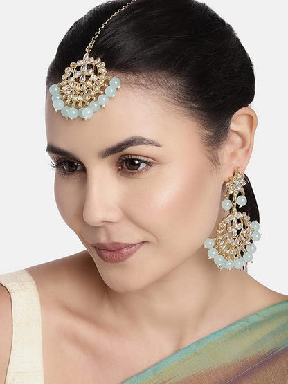 Bridal Mang Tika in Gold Plated Pearl and Kundan Studded Earring Set