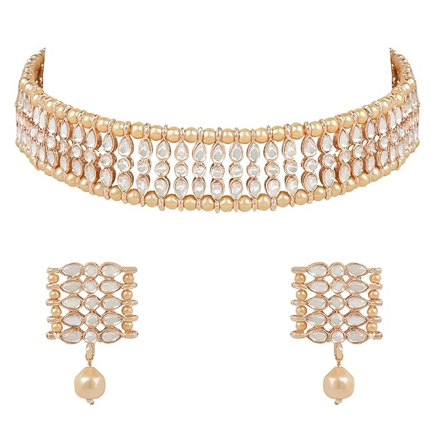 Pearl Choker Necklace Indian in Gold Plated Traditional Kundan and Pearl Choker Necklace Jewellery Set for Women and Girls