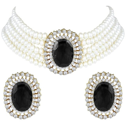 Choker Necklace in Gold Plated Traditional Stone Studded Pearl Choker Necklace Jewellery Set for Women and Girls