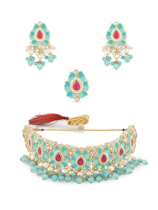 Indian Choker Necklace Pink Green Meenakari Set