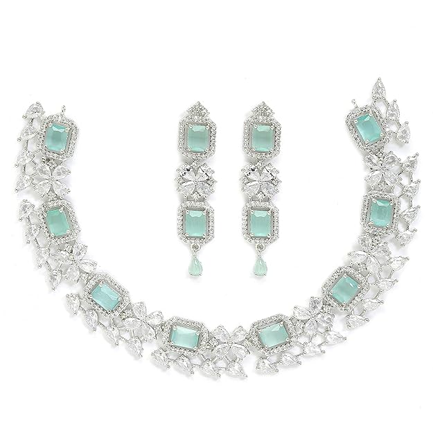 American Diamond Jewellery in Rhodium Plated Silver Toned Green and White AD Studded Necklace and Earrings Set for Women