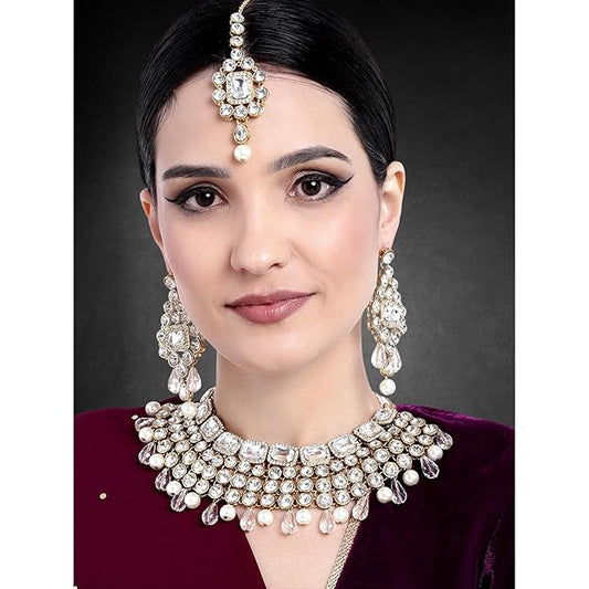 Crystal Choker Necklace with Maang Tikka and Earrings Indian Traditional Bridal Wedding Jewellery Set for Women