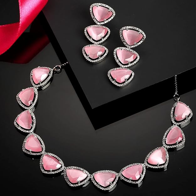 American Diamond Indian Jewellery in Rhodium Plated Silver Toned Triangular Shaped AD Studded Jewellery Set for Women and Girls