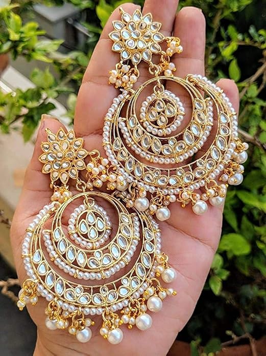 Pearl Necklace and Earring Set in Gold Plated Kundan Chandbali Design with Maang Tikka