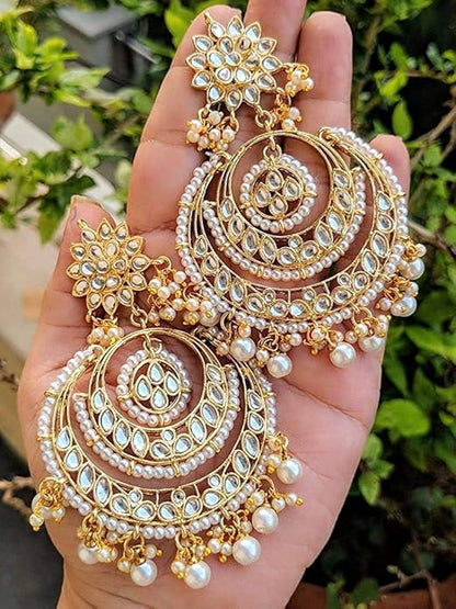Pearl Necklace and Earring Set in Gold Plated Kundan Chandbali Design with Maang Tikka