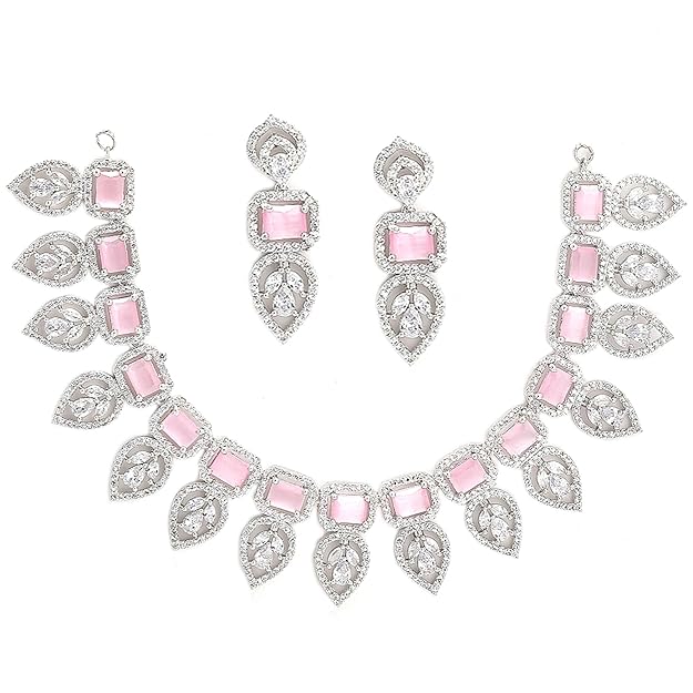 American Diamond Emerald Necklace in Leaf Style Rectangle Shaped AD Studded Rose Gold Plated Necklace Jewellery Set for Women and Girls
