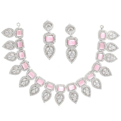 American Diamond Emerald Necklace in Leaf Style Rectangle Shaped AD Studded Rose Gold Plated Necklace Jewellery Set for Women and Girls