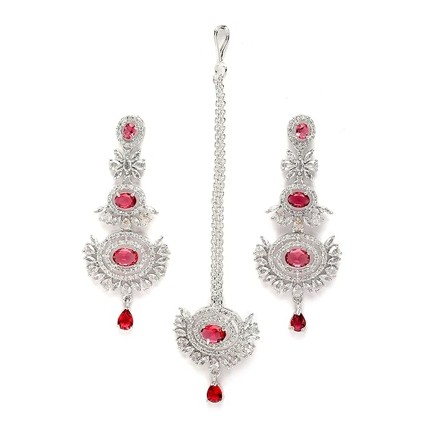 Diamond Mang Tikka in Rose Gold Plated American Diamond Studded Maang Tikka & Earrings Jewellery Set