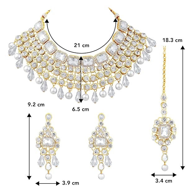 Crystal Choker Necklace with Maang Tikka and Earrings Indian Traditional Bridal Wedding Jewellery Set for Women