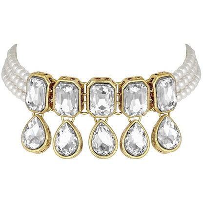 Indian Choker Set in Traditional Crystal and Pearl Choker Necklace with Earrings Jewellery Set for Women and Girls