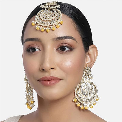 Mang Tikka for Women in Traditional Rhodium Kundan & Pearl Earring Set Design