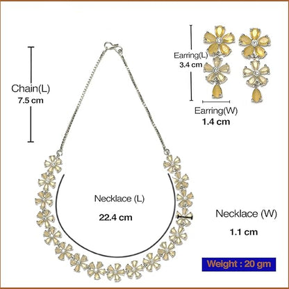 American Diamond Jewellery in Silver in Rhodium Plated Silver Toned White AD Studded Flower Shaped Jewellery Set