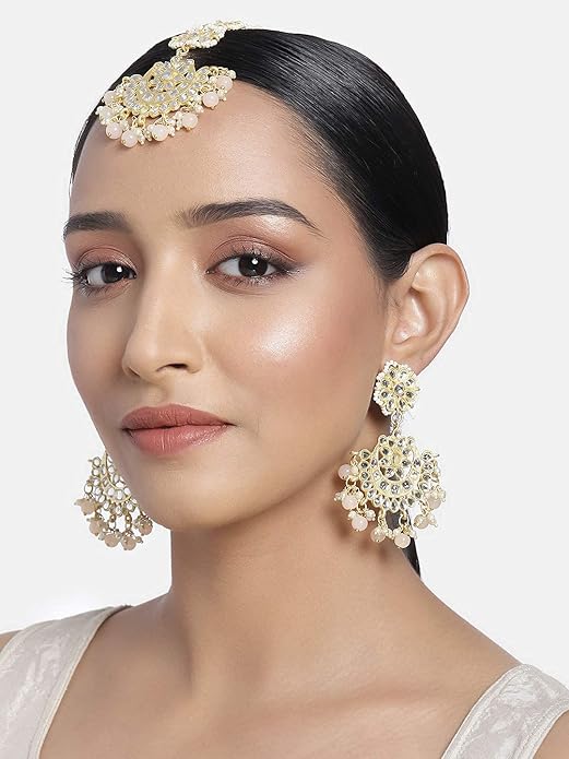 Dulhan Mang Tika in Gold Plated Traditional Kundan & Faux Pearl Chandbali Earring Set