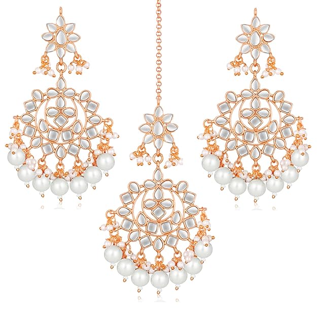 Maang Tikka with Pearl in Gold Plated Kundan Blue Faux Pearl Wedding Set