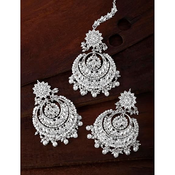 Mang Tikka for Women in Traditional Rhodium Kundan & Pearl Earring Set Design