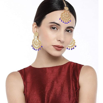 Pearl Necklace and Earring Set in Gold Plated Kundan Chandbali Design with Maang Tikka