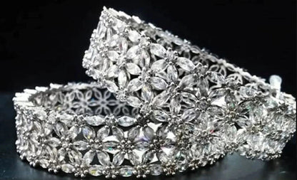 Bangles for Women Silver Toned White AD/American Diamond Studded Floral Designed 2 Pcs Set Bangles for Women and Girls