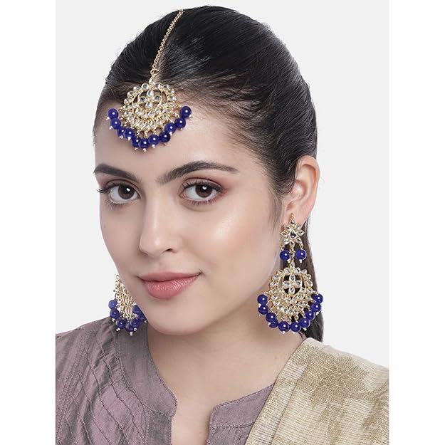 Bridal Mang Tika in Gold Plated Pearl and Kundan Studded Earring Set