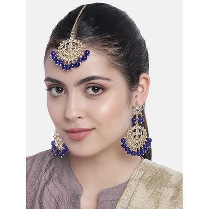 Bridal Mang Tika in Gold Plated Pearl and Kundan Studded Earring Set