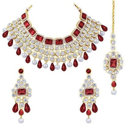 Crystal Choker Necklace with Maang Tikka and Earrings Indian Traditional Bridal Wedding Jewellery Set for Women