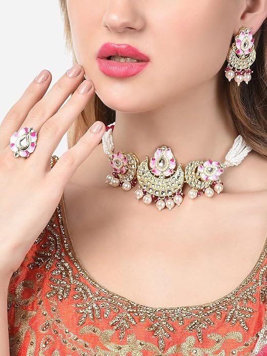 Pink Choker Necklace Meenakari Lotus Design