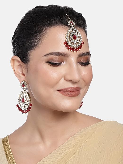 Kundan Chandbali Earrings in Gold Plated Antique Finish Bridal Maang Tikka Set