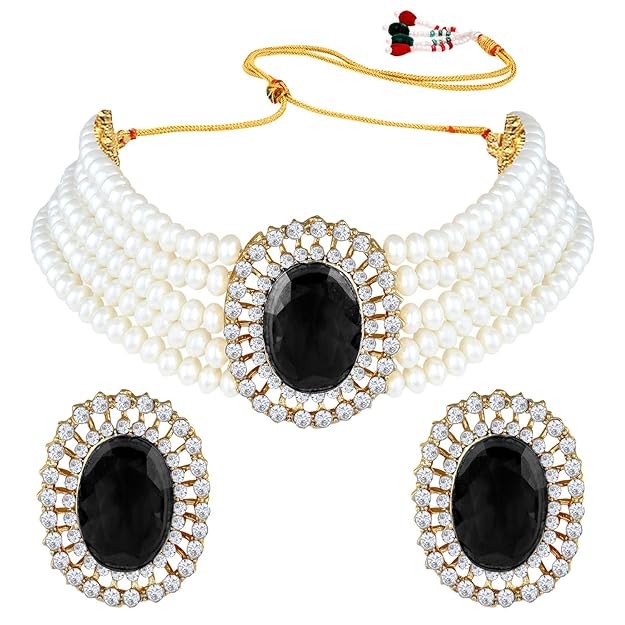 Choker Necklace in Gold Plated Traditional Stone Studded Pearl Choker Necklace Jewellery Set for Women and Girls