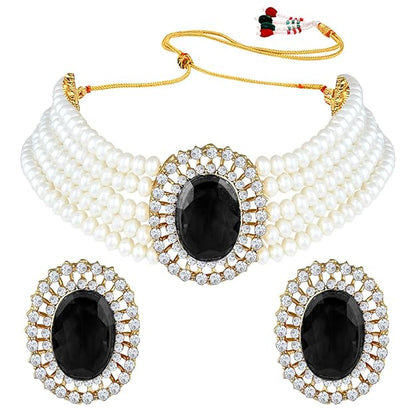 Choker Necklace in Gold Plated Traditional Stone Studded Pearl Choker Necklace Jewellery Set for Women and Girls