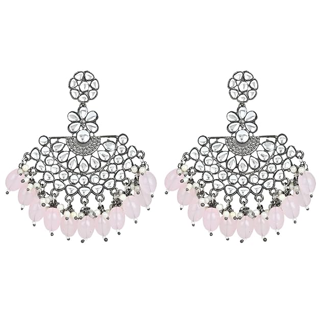 Silver Chandbali Earrings in Oxidised Kundan Pearl Design with Maang Tikka Set