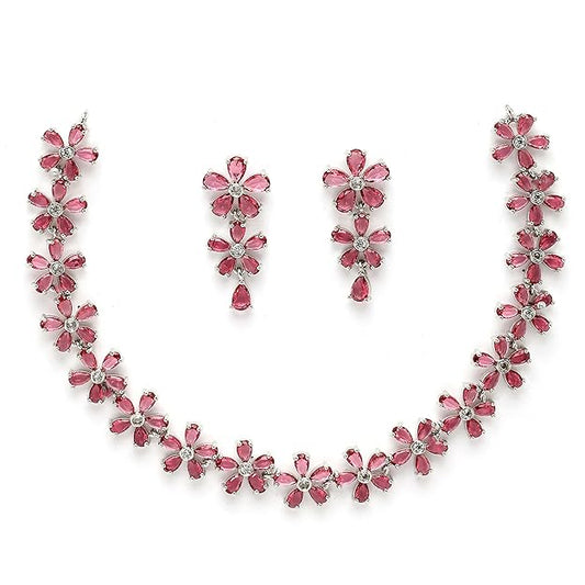 American Diamond Silver Flower Shaped Jewellery Set