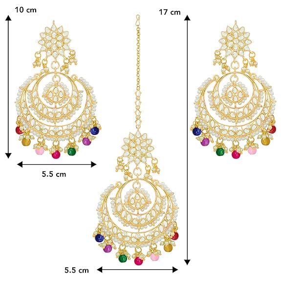 Mang Tikka for Women in Traditional Rhodium Kundan & Pearl Earring Set Design