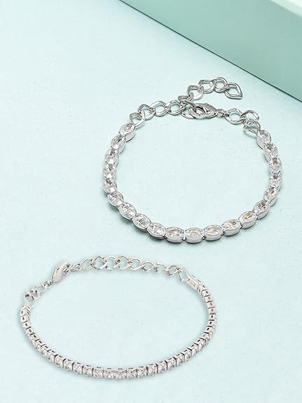 Silver Tennis Bracelet with Contemporary Cubic Zirconia Design (Set of 2)