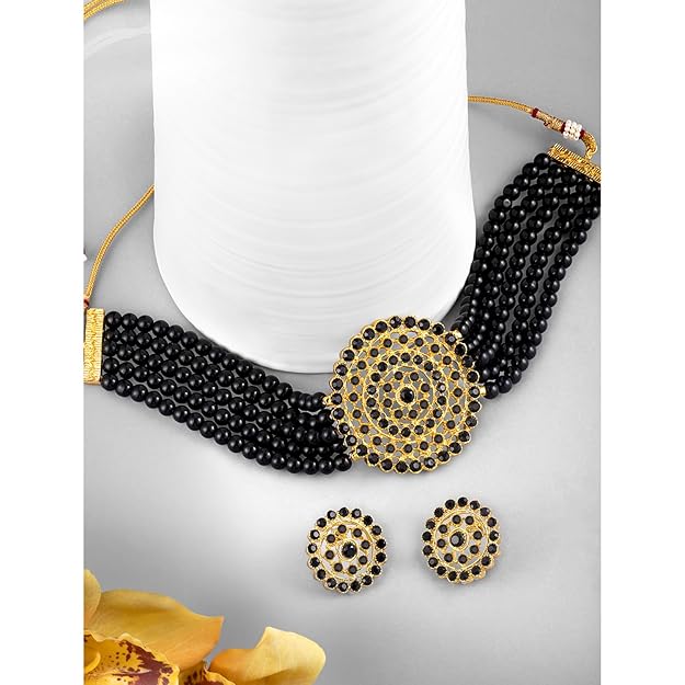 Women's Necklace and Earring Set in Pearl Choker Necklace with Round Earrings Jewellery Gift Set