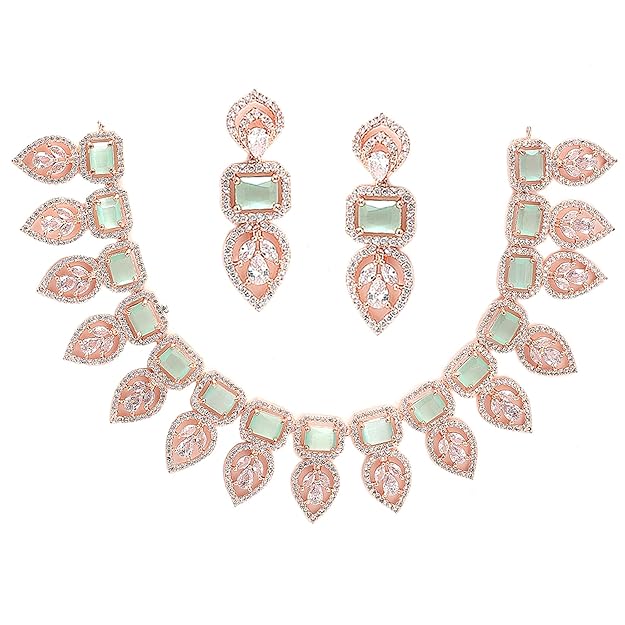 American Diamond Emerald Necklace in Leaf Style Rectangle Shaped AD Studded Rose Gold Plated Necklace Jewellery Set for Women and Girls