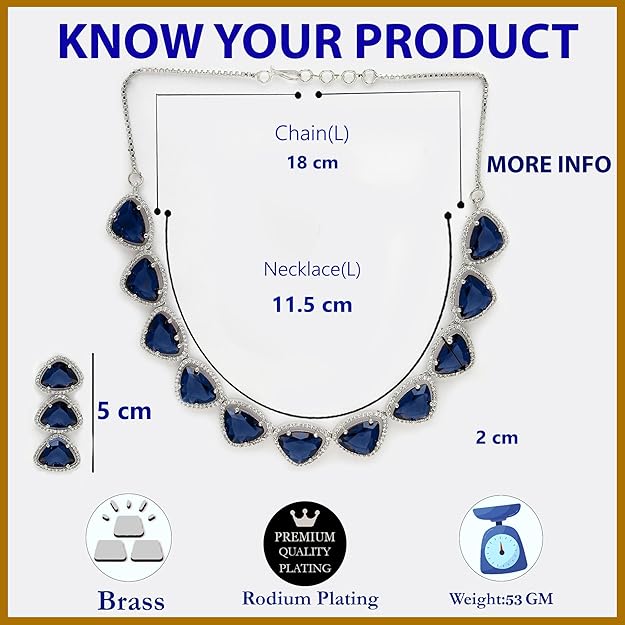 American Diamond Indian Jewellery in Rhodium Plated Silver Toned Triangular Shaped AD Studded Jewellery Set for Women and Girls