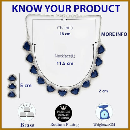 American Diamond Indian Jewellery in Rhodium Plated Silver Toned Triangular Shaped AD Studded Jewellery Set for Women and Girls