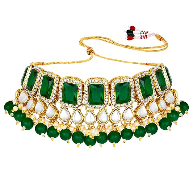 Crystal Collar Necklace in Faux Pearl and Kundan Style Necklace Jewellery Set for Women