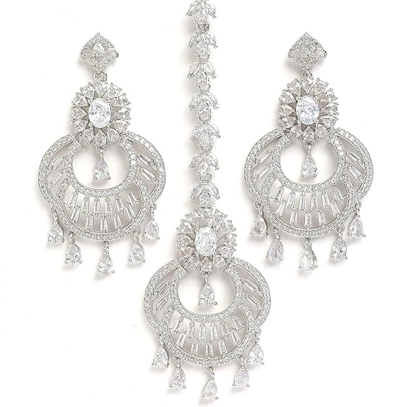 American Diamond Chandbali Earrings in Rhodium Plated Stylish Shiny Round Design Maang Tikka Set
