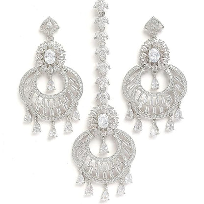 American Diamond Chandbali Earrings in Rhodium Plated Stylish Shiny Round Design Maang Tikka Set