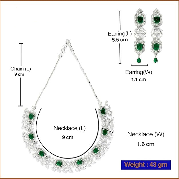 American Diamond Jewellery in Rhodium Plated Silver Toned Green and White AD Studded Necklace and Earrings Set for Women