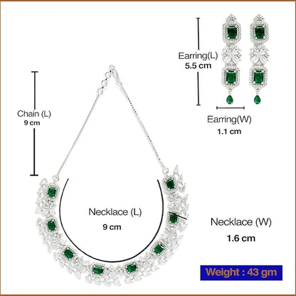 American Diamond Jewellery in Rhodium Plated Silver Toned Green and White AD Studded Necklace and Earrings Set for Women