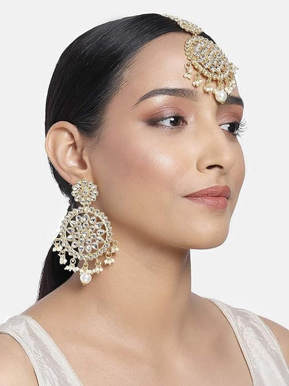 Indian Head Jewelry in 18K Gold Plated Kundan & Pearl Chandbali Earring Set