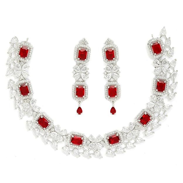 American Diamond Jewellery in Rhodium Plated Silver Toned Green and White AD Studded Necklace and Earrings Set for Women