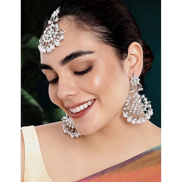 Maang Tikka with Pearl in Gold Plated Kundan Blue Faux Pearl Wedding Set