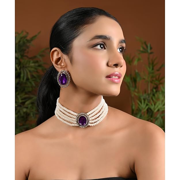 Choker Necklace in Gold Plated Traditional Stone Studded Pearl Choker Necklace Jewellery Set for Women and Girls