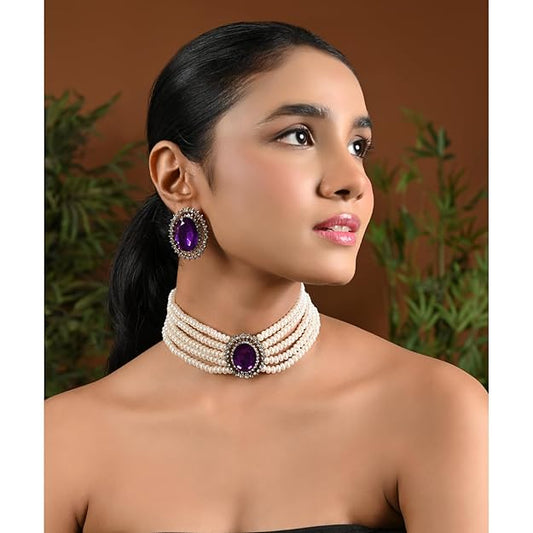 Choker Necklace in Gold Plated Traditional Stone Studded Pearl Choker Necklace Jewellery Set for Women and Girls