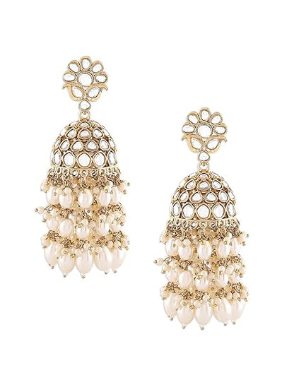Gold Pearl Dangle Earrings in Gold Tone Kundan and Cluster Pearl Jhumka Design